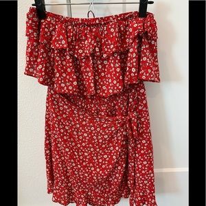 Strapless red floral dress